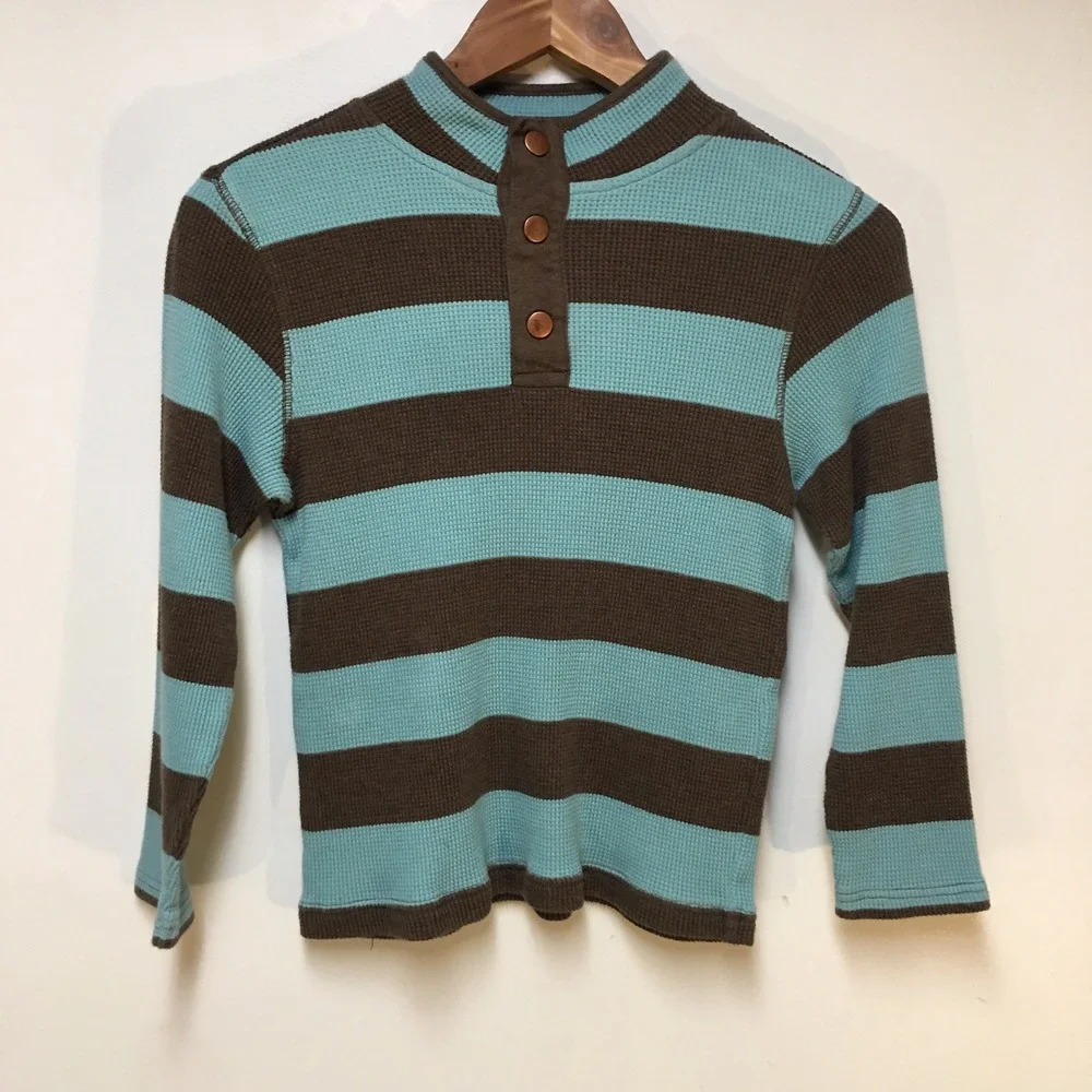 Gymboree Sweater Boys Sz 8 Blue Brown Striped Waffle Knit Thermal Henley Mock